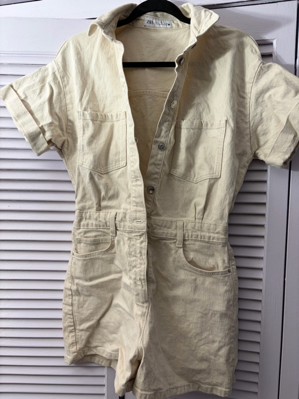 Zara Cream Short-Sleeve Denim Romper Overalls